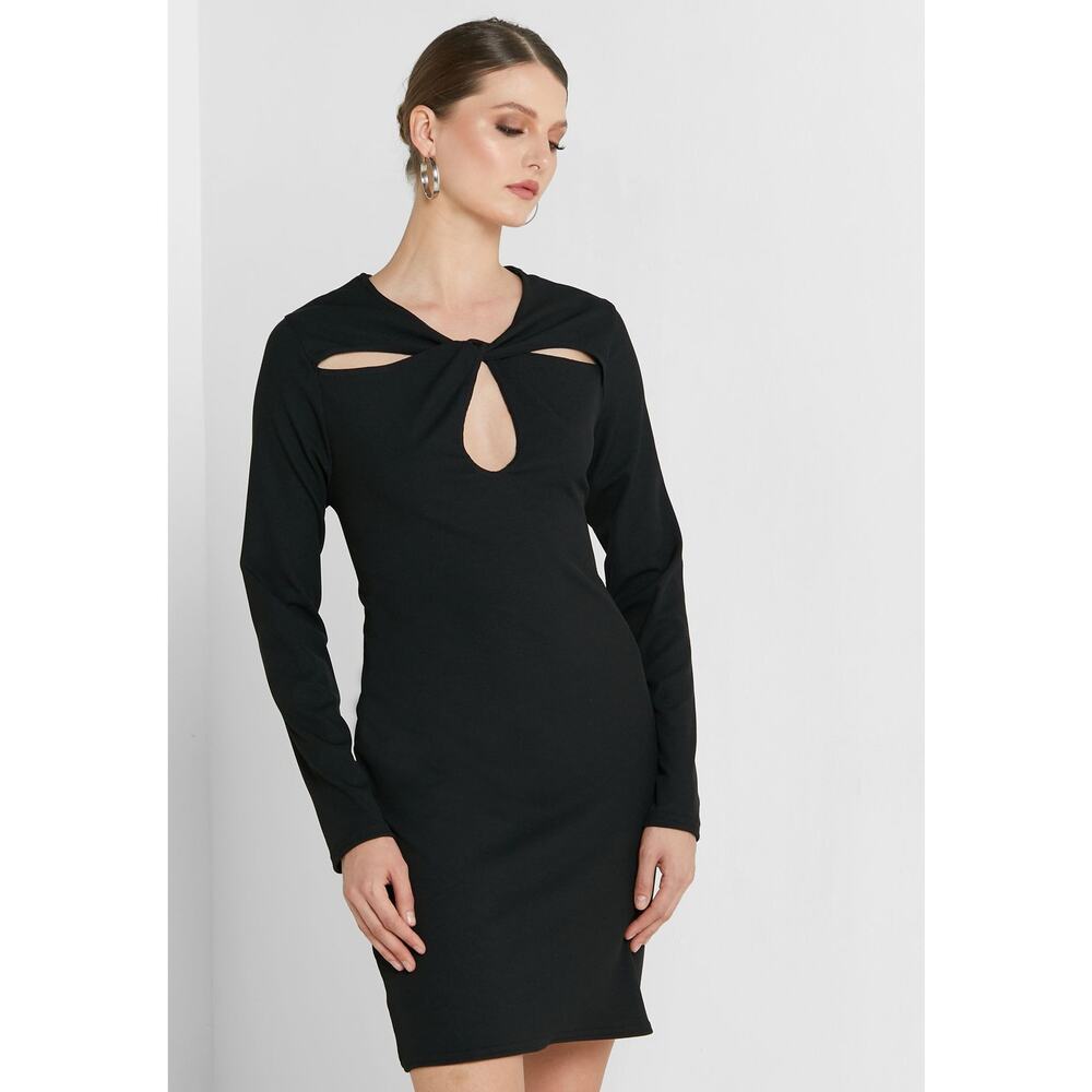 River Island Dress Womens 4 Black Mini Ribbed Cut Out Bodycon Keyhole‎ Goth Rock